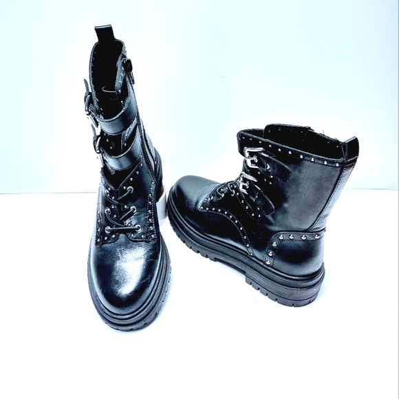 Y2K Chelsea & Violet Rhea Studded Leather Buckle  Sz 7M Women's Combat Boots - Picture 9 of 14